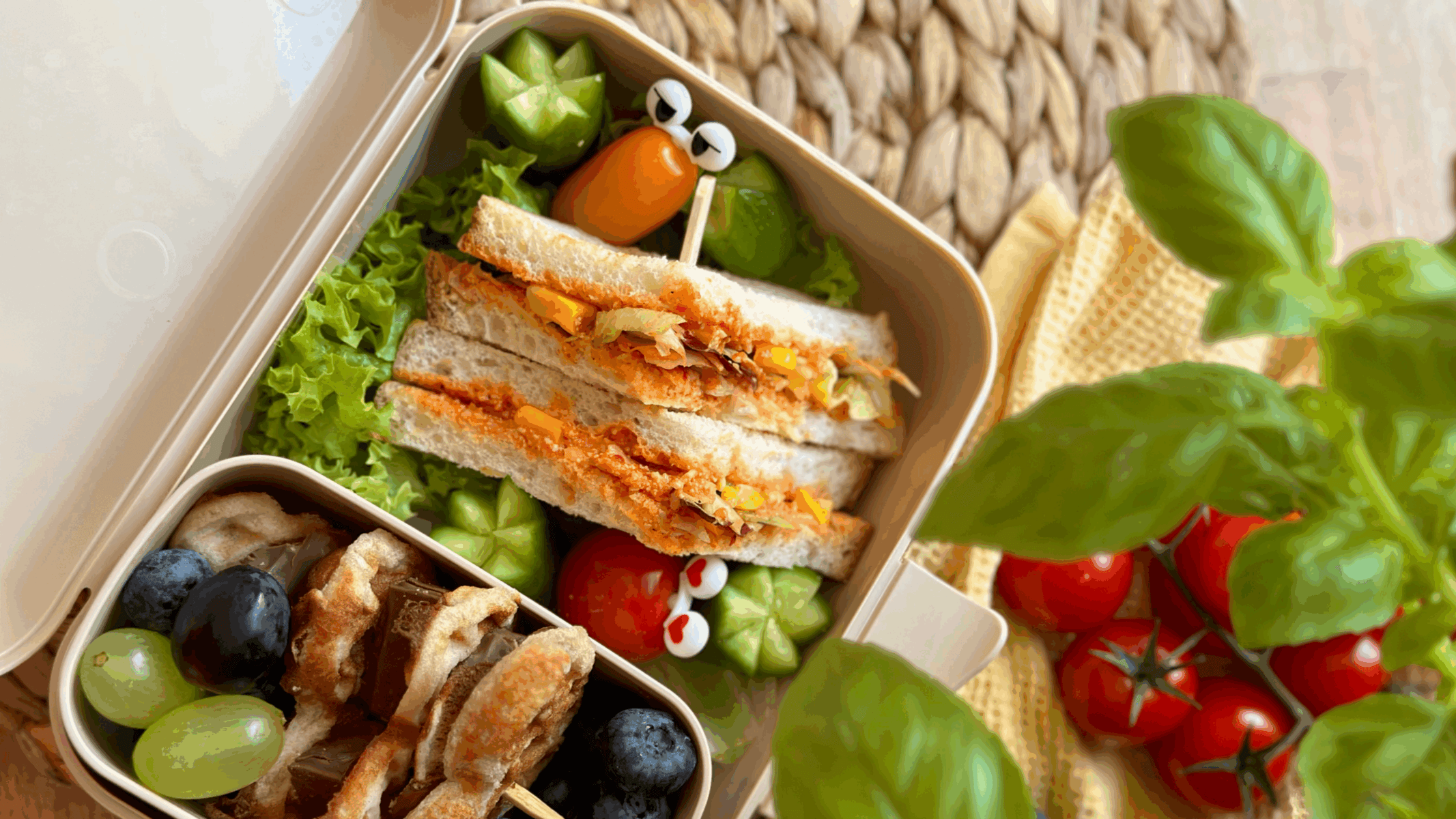 Paprika Club Sandwich – glutenfrei und perfekt für die Brotdose Glutenfreies Paprika Club Sandwich in einer Brotdose mit frischem Gemüse und gesunden Snacks